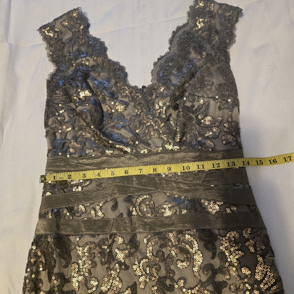 Tadashi Shoji Metallic Silver Champagne Lace Sheath Midi Dress - Picture 7 of 10